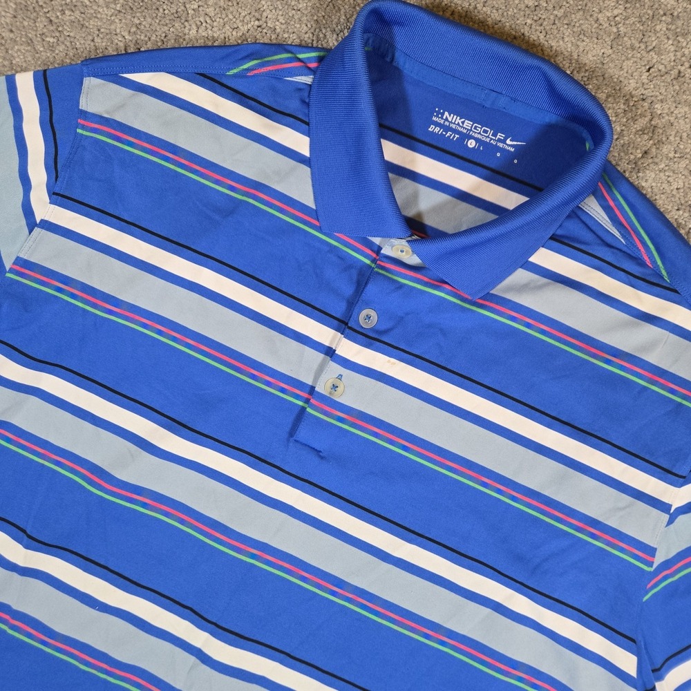 Nike Golf Performance Mens Large Blue Gray Striped Short Sleeve Polo Dri-Fit